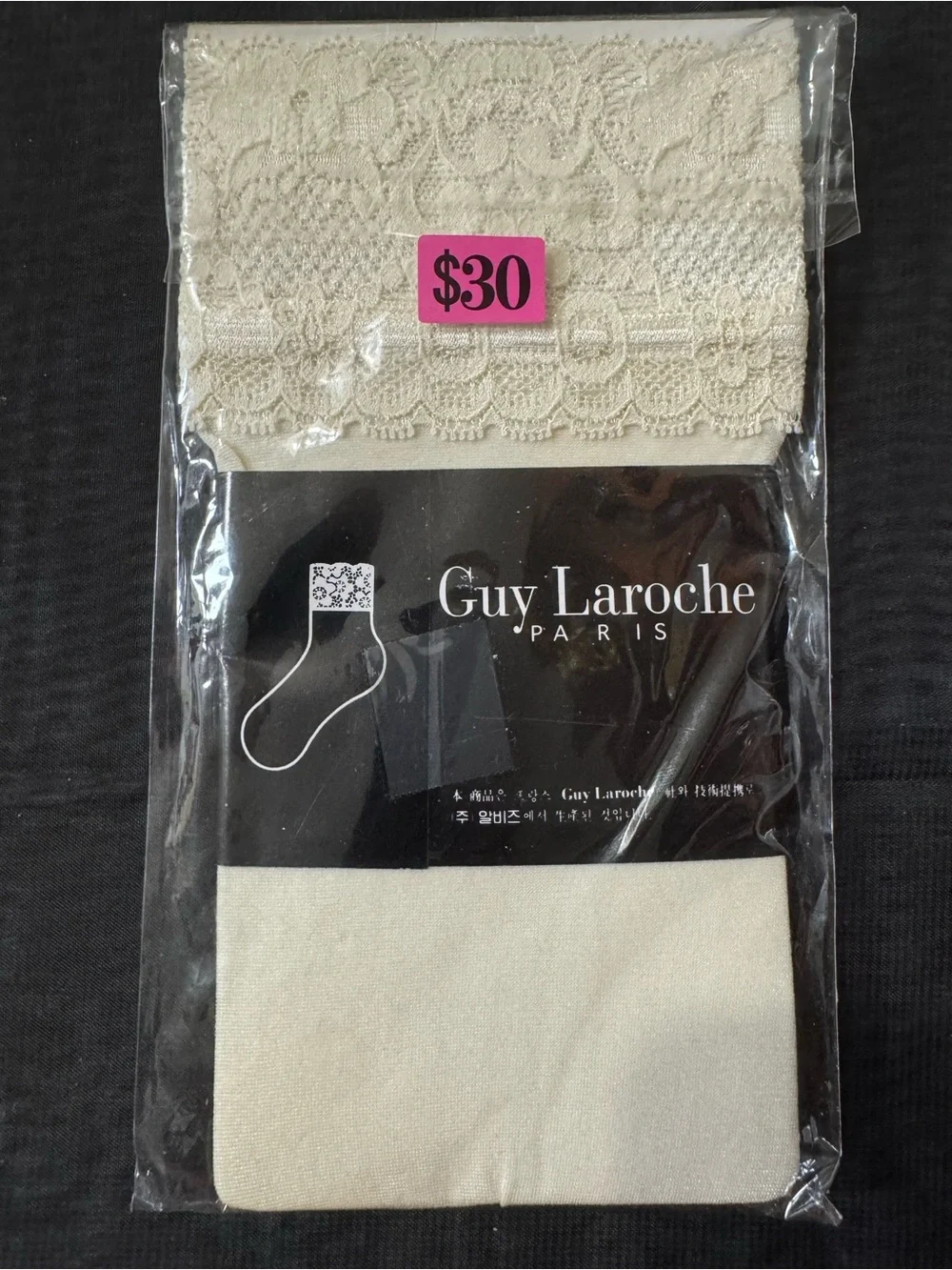 Vintage Guy Laroche Paris Beige Lace-Top Ankle Socks - NWT - Sealed.